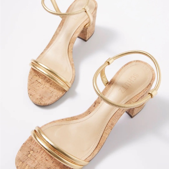 SCHUTZ Gimenez Mid Cork Heel Sandal Gold Size 7 New In Box - Picture 1 of 7